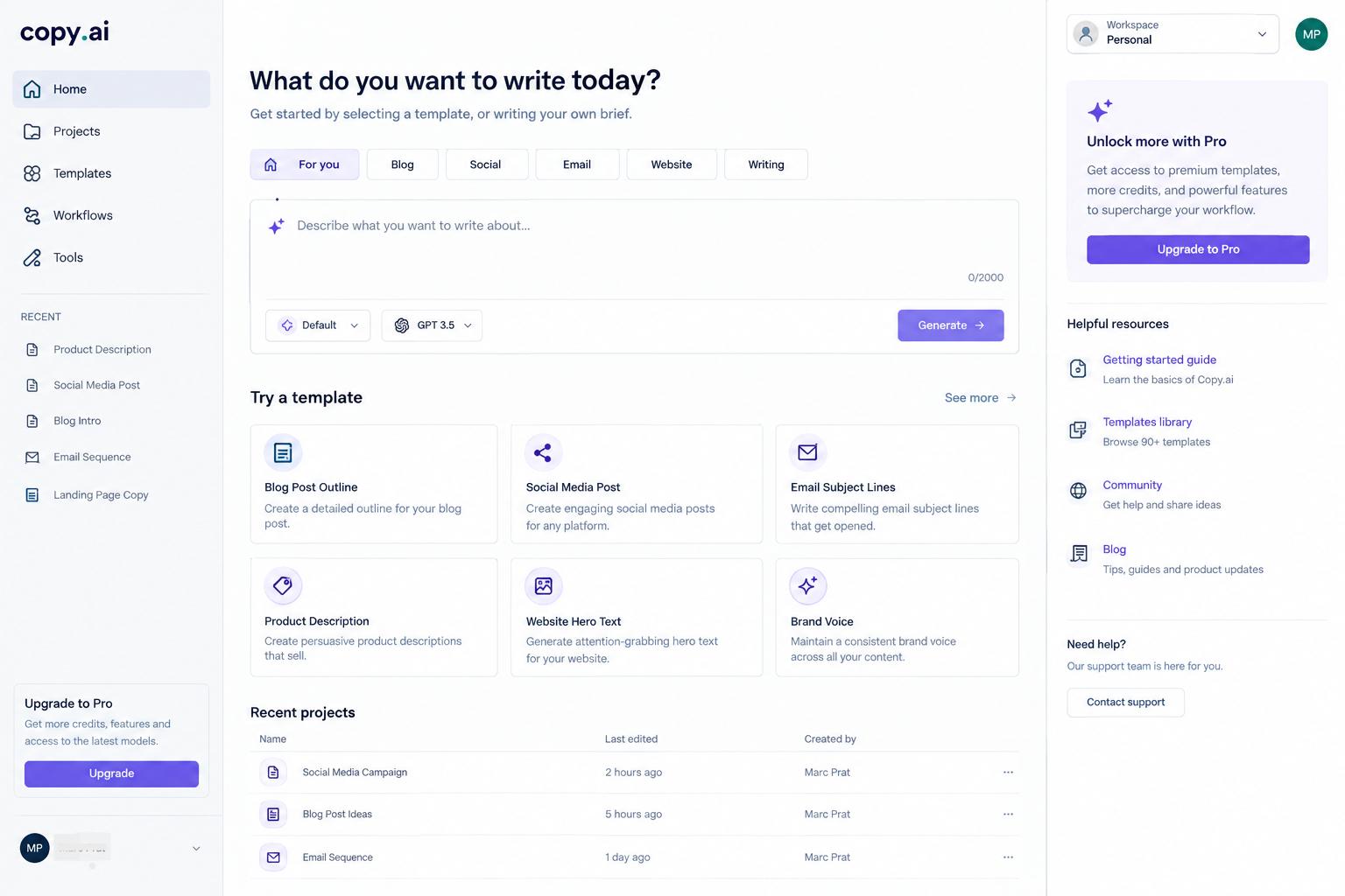 Copy.ai ad copy generator interface