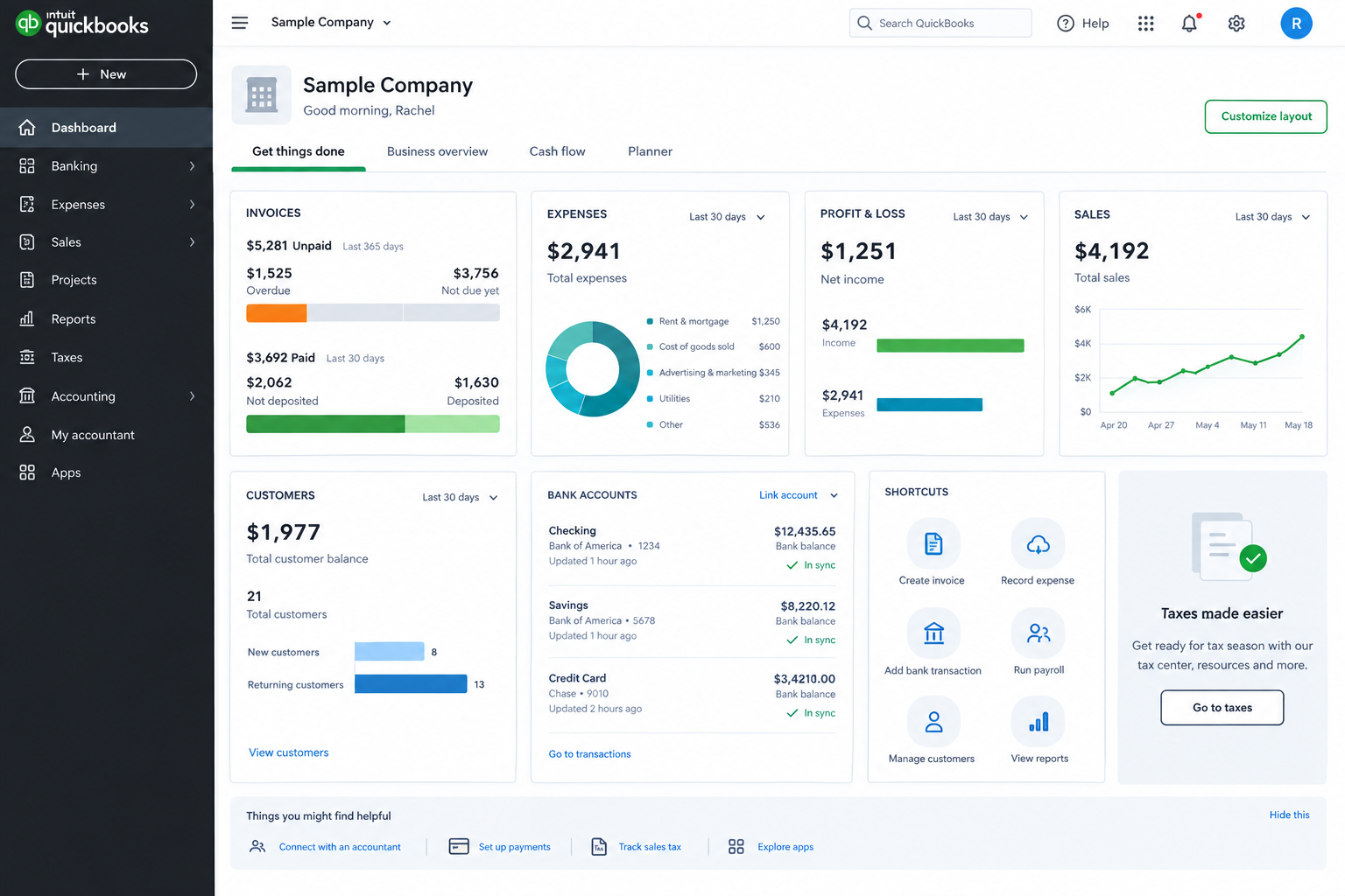 QuickBooks Online accounting dashboard